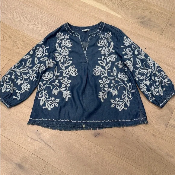 John Mark Allover Embroidered Pullover Top - Plus - Indigo Boho Casual - Picture 2 of 8